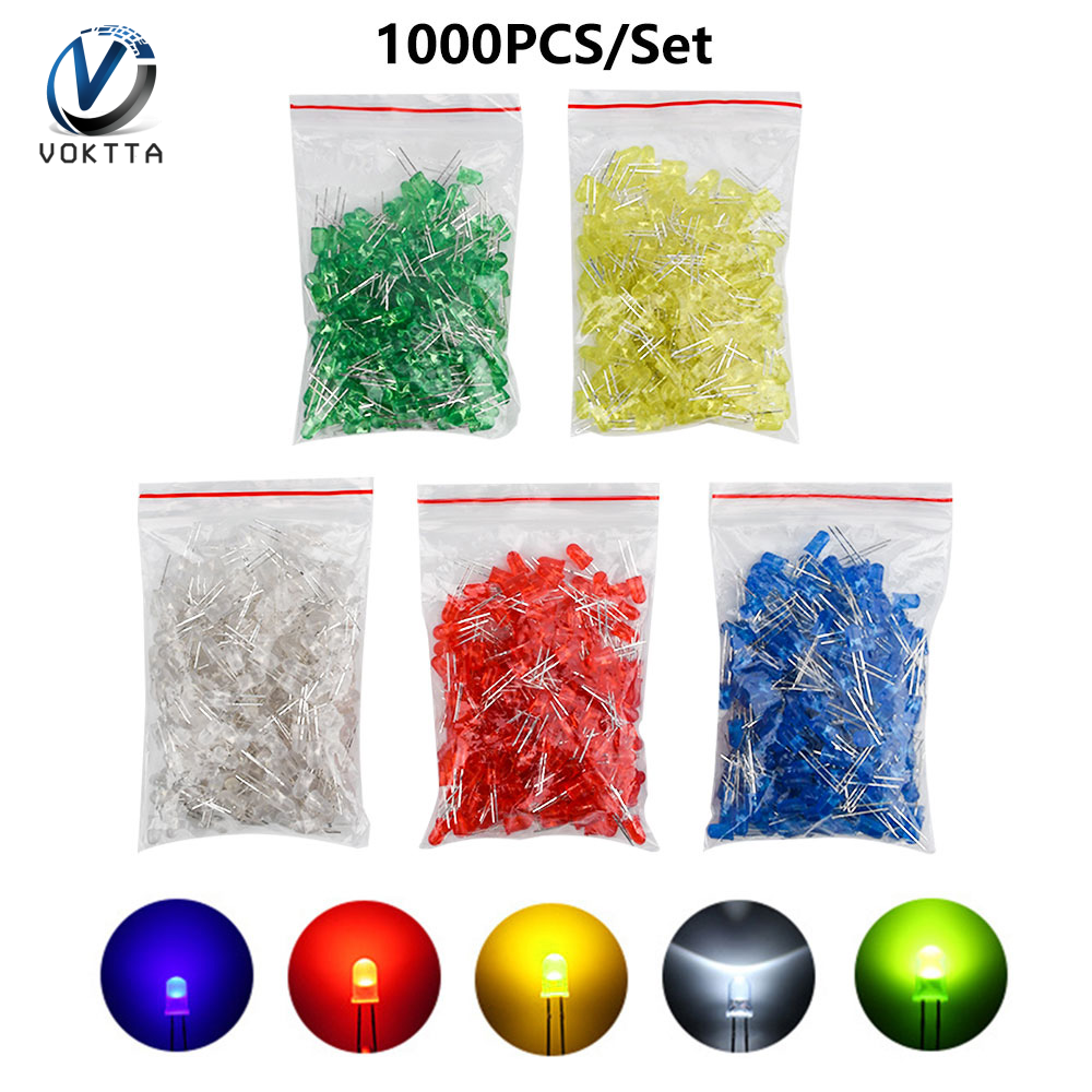Voktta 1000pcs 5mm led blue green yellow red white circular diode color mixing kit in bag