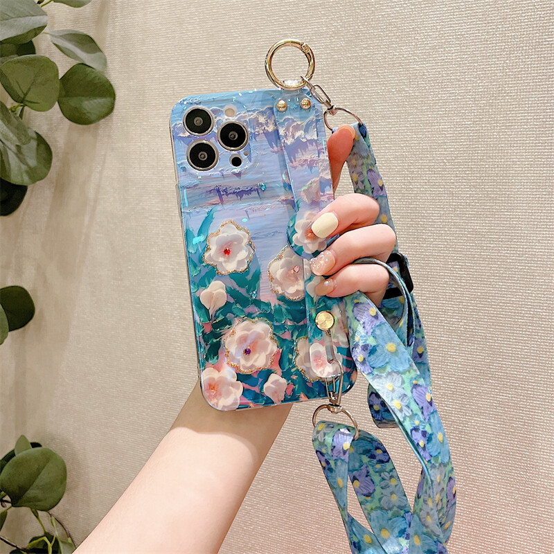 Case for iphone 7 8 7 plus 8 plus x xs xr xs max 11 11 pro max 12 12 pro 12 pro max 13 13 pro 13 pro max camellia flower blu-ray fashion phone case imd wristband phone cover shell with lanyard