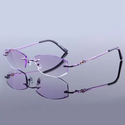 Anti Blue Light Glasses Women Rimless Eyeglasses Computer Prescription Eyewear High Clear Gradient Purple Rhinestone Frameless