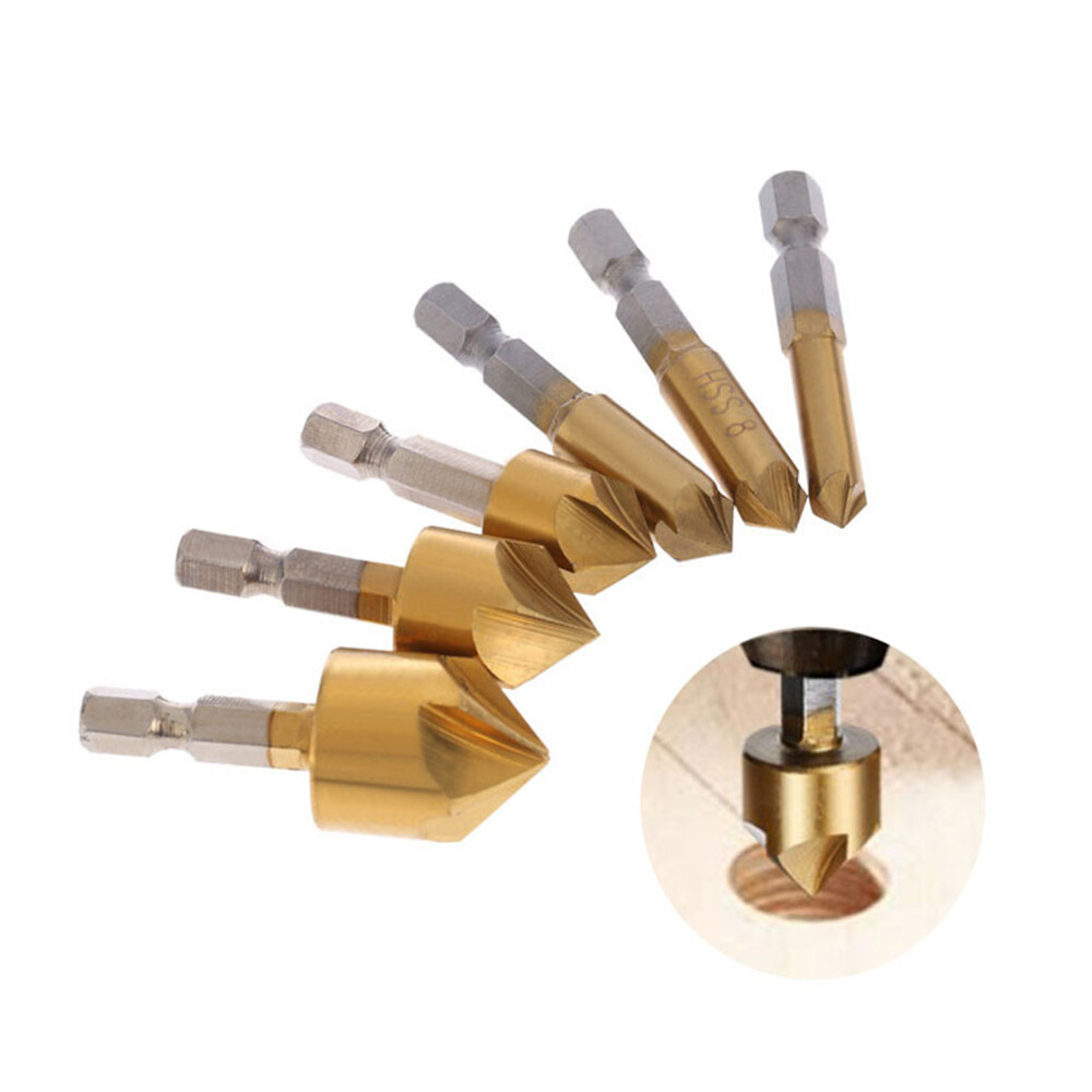 KKmol 6pcs Countersink Drill Bit Set 1/4'' Hex Shank HSS 5 Flute Countersink 90 Degree Wood Chamfering Cutter Chamfer 6mm-19mm