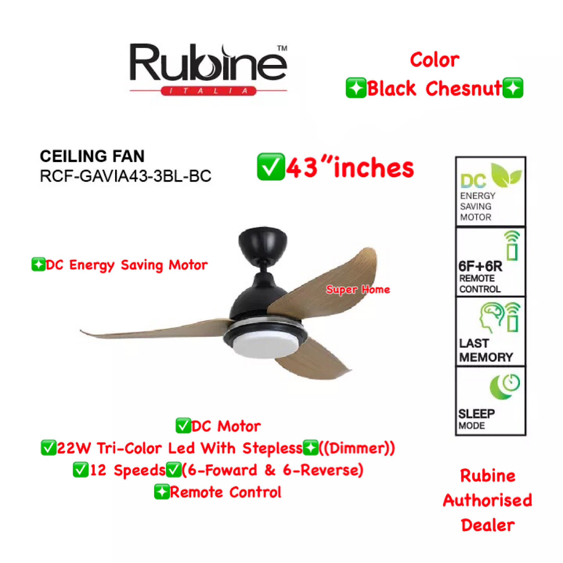 Rubine Ceiling Fan RCFGAVIA433BLBC 43 inch Remote Control Ceiling