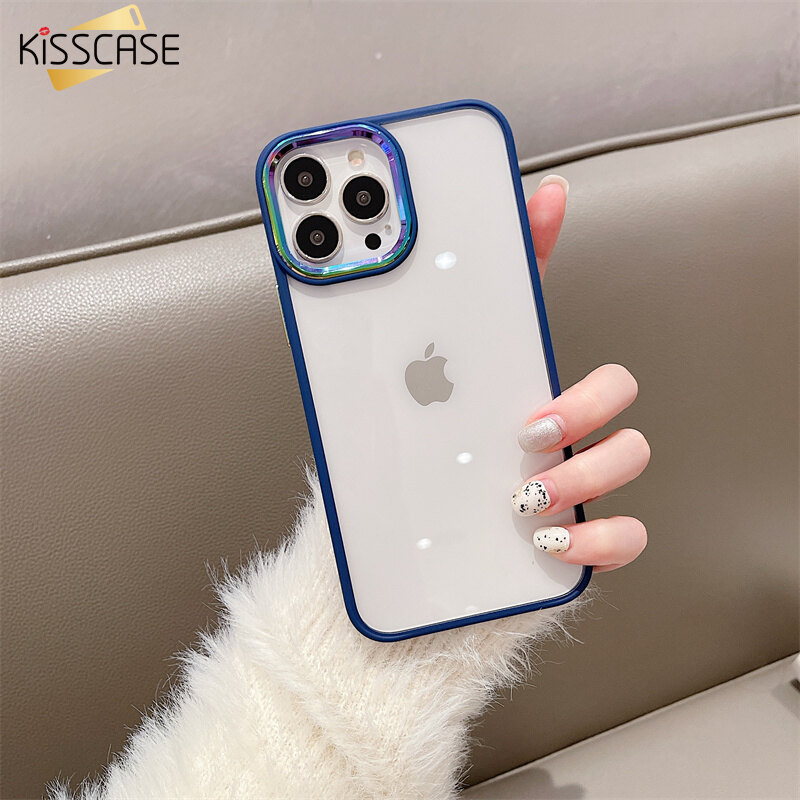 KISSCASE Acrylic Transparent Case For iPhone 13 Pro Max 12 Pro Max 13 Mini 11 Pro Max Colorful Metal Electroplating Lens Frame Shockproof Phone Soft Cover For iPhone 12 13 Cases