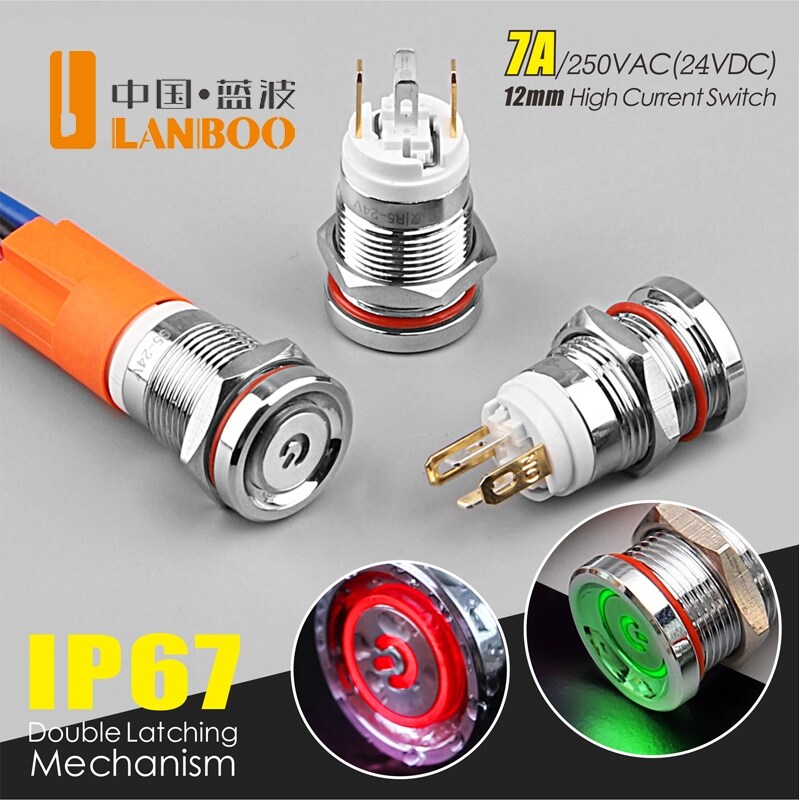 [GAMA] LANBOO 12mm 7A high current 4 pin switch waterproof IP67 latching or momentary micro metal push button switch with LED 24V220V