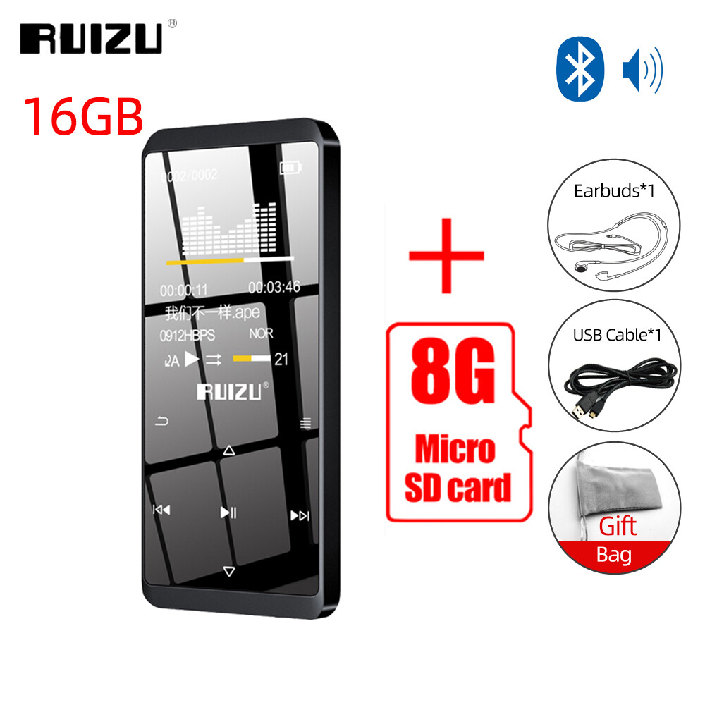 Ruizu d02 bluetooth mp3 mp4 player with built-in speaker 8gb 16gb hifi lossles music player walkman portable audio video player with fm radio voice recorder video e-book a-b repeat alarm clock support tf card up to 128gb