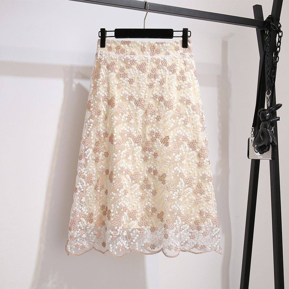 Fresh Floral Embroidery Skirt, Lace Mid-length Skirt, A-line Skirt, Large Hem, Slim Casual Skirt, Spring, Summer and Autumn, High Waist Tulle Wrapped Hip Skirt