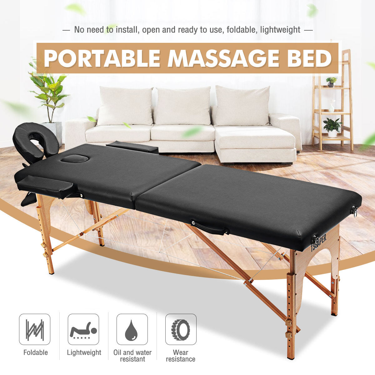 Portable Retractable Folding Massage Bed 185x60cm Adjustable Height 58