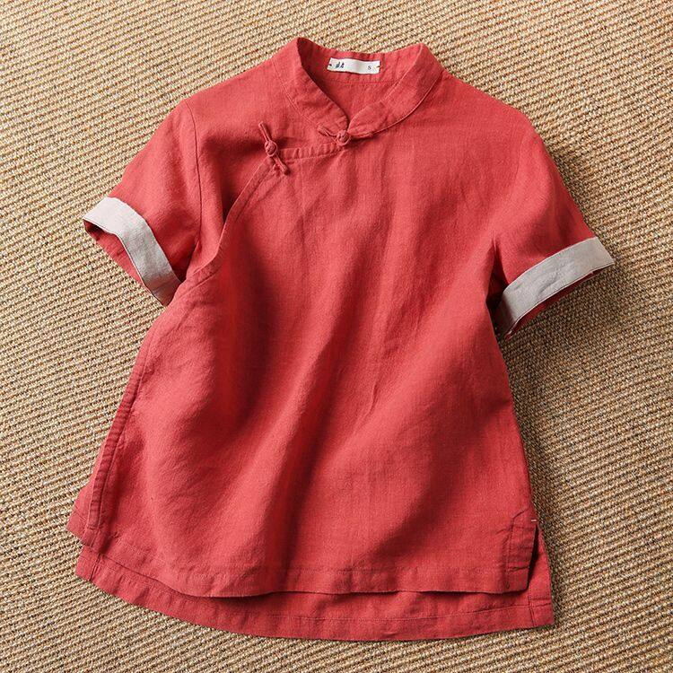 OliviaRetro Pure Cotton Spring and Summer New Cotton Linen Chinese Style Ethnic Style Improved Short-sleeved Cheongsam Top Vintage Shirt Woman 401T0337