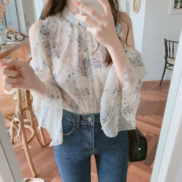 Women Niche Off-the-shoulder Floral Chiffon Shirt Summer Flared Sleeve Top