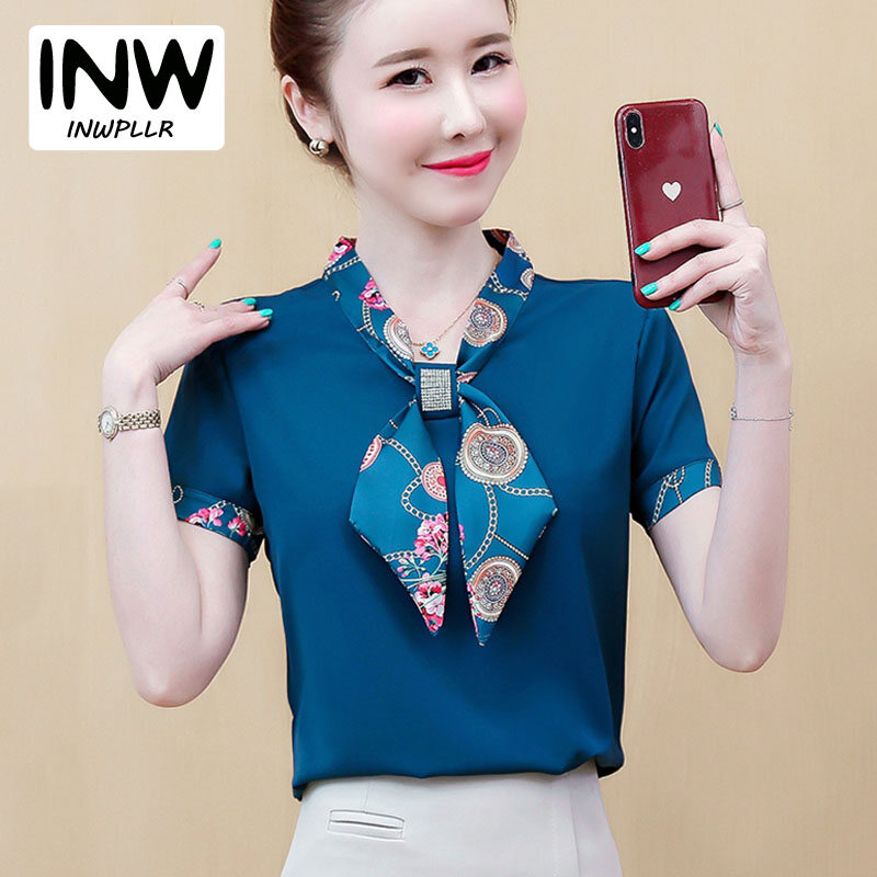 INWPLLR Women Tops Work Wear Office Shirt Fashion Chiffon Blouse Summer Printed Bow Diamond Tops 2020 Short-sleeved Shirts Plus Size Tops