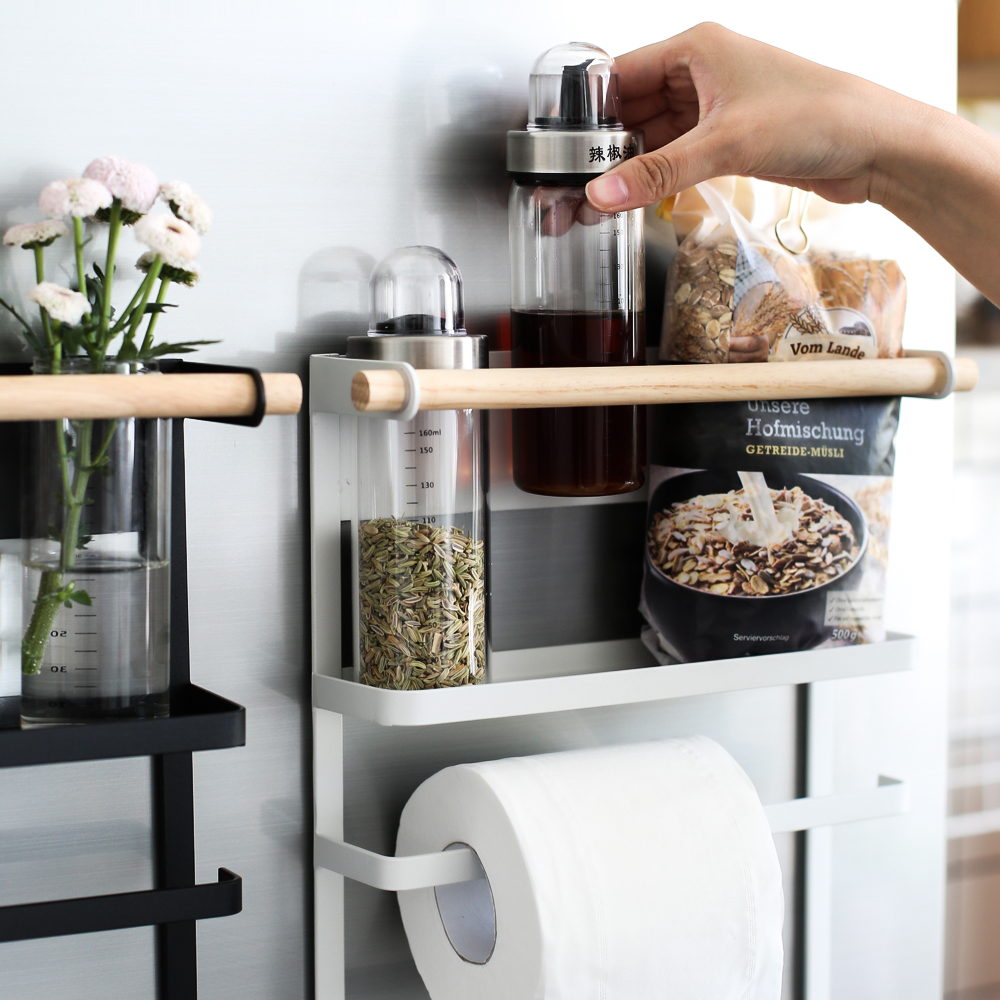 Kệ sắt từ tính để đồ tủ lạnh 4 tầng, giá để đồ tủ lạnh bằng gỗ lắp cạnh bên tủ bếp