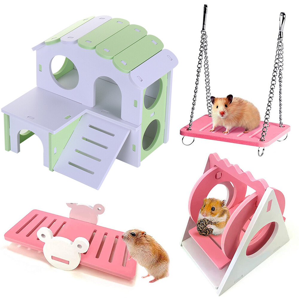 KUANGQIAN Đồ Chơi Bập Bênh Cho Chuột Hamster Thú Cưng Nhỏ, Ngôi Nhà Hamster Xoay Hình Tam Giác Động Vật Nhỏ Bộ Đồ Chơi Xích Đu Treo Bằng Gỗ