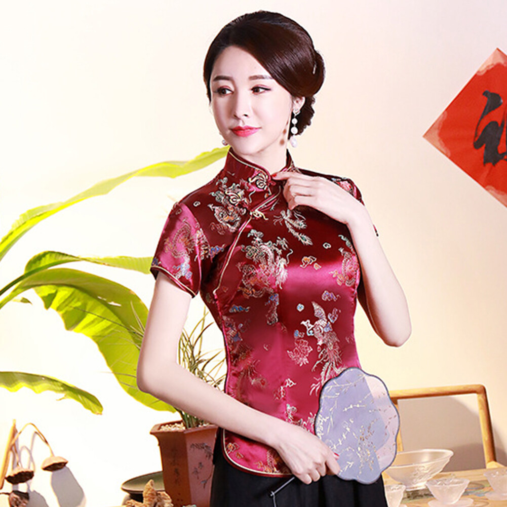 Benferry Women Chinese Short Sleeve Stand Collar Dragon Phoenix Print Ethnic Cheongsam Blouse Shirt
