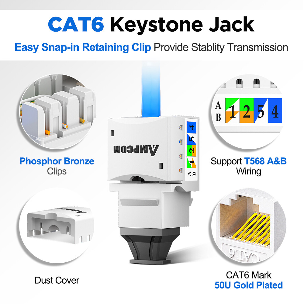 Ampcom Cat6 giắc cắm Keystone chèn 5/10 gói, 90 độ đấm xuống giắc cắm Keystone Giắc chuyển đổi sữa