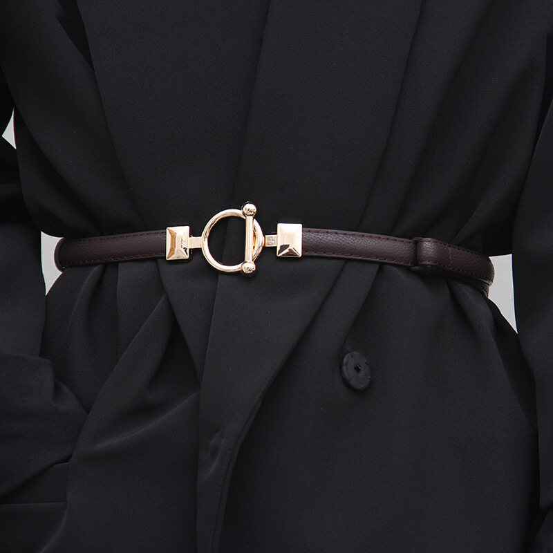 PU Leather Gold Color Buckle Women Thin Belts Adjustable Straps Waist Belt Black Coffee Color Dress Coat Jeans Waistband Decor