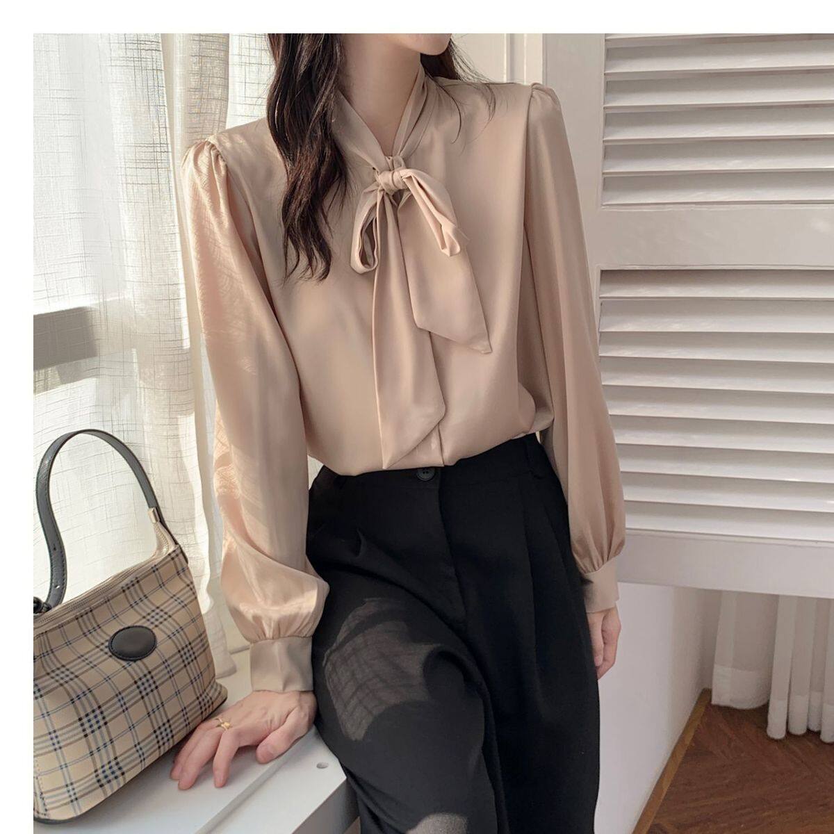 Bowknot Shirt Women's Long-sleeved Chiffon Tops