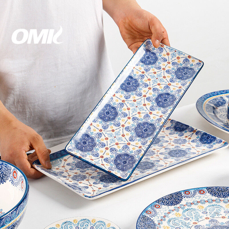 Omk màu xanh talavera loạt gốm 14 inch hình chữ nhật đĩa phẳng để thức ăn Salad món tráng miệng khay đĩa