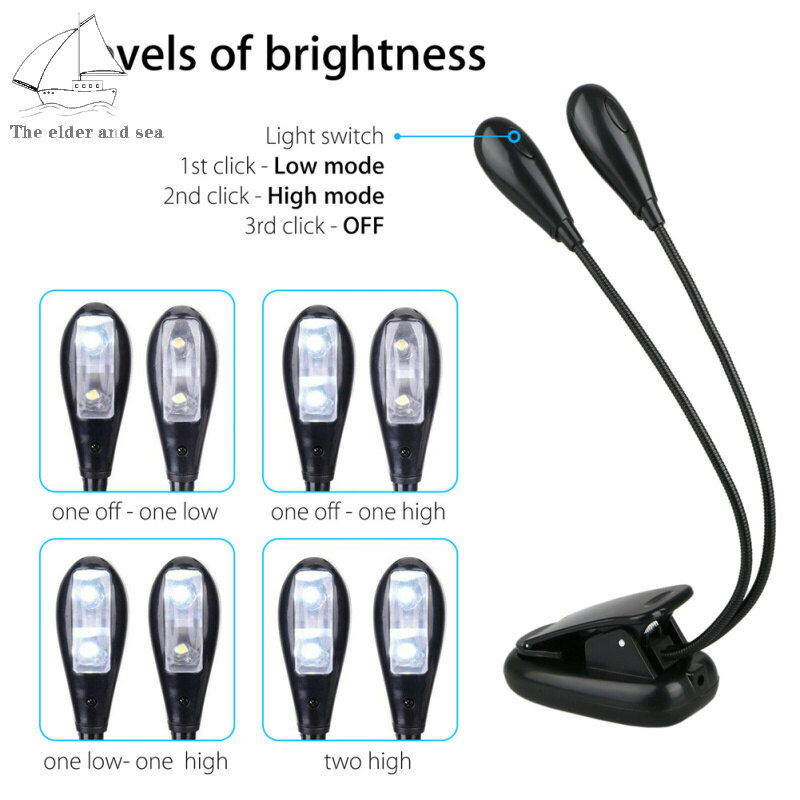 Elder Sea Clip-on Led Light 2pcs Arms Multipurpose Adjustable Dimmable Rechargeable Super Bright Reading Lamp