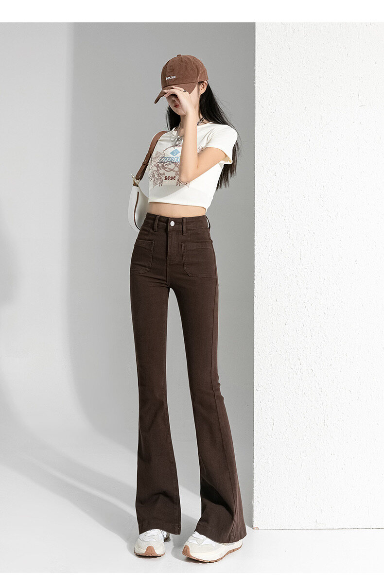 HengShanYuan Women's Jeans Retro Micro Flare Jeans High Waist Slim Fit Thin Lengthened Pants
