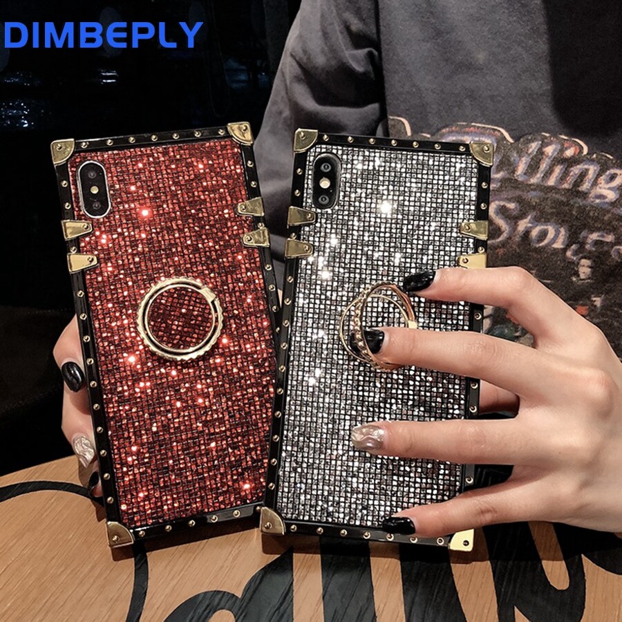 DIMBEPLY for iphone 11 Pro Max 6 6S 7 8 Plus Square Bling Glitter Case with Ring Stand Holder for iPhone X XR XS Max Silicon Shockproof Corner Back Cover