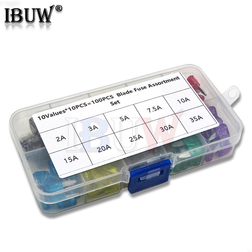 100pcs/lot mini auto fuse 10 value car fuse blade kit assortment with box 2a 3a 5a 7.5a 10a 15a 20a 25a 30a 35a