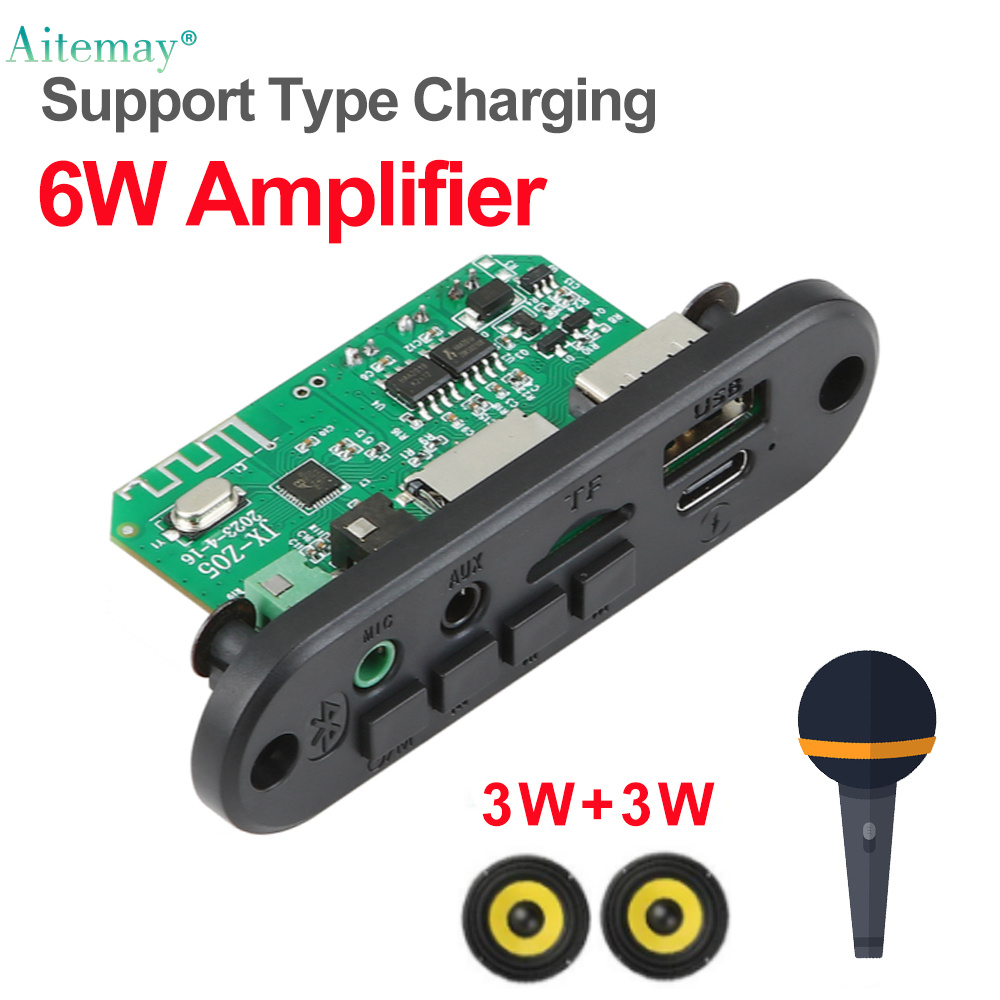 Aitemay 6W Amplifier 3.7V 5V MP3 Player Bluetooth 5.0 MP3 Decoder Board Support Call Recording 3.5mm USB TF FM for Module Car Speaker