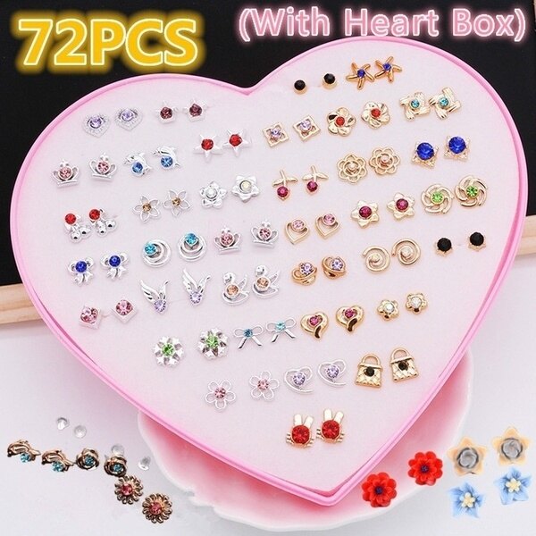 72PCS/36Pairs Fashion Trajes De Clavo Women Cute Flower Animal Earring Prevent Allergy Crystal Rhinestone Ear Stud Earrings Set With Gift Box Holiday Birthday Gifts Best Gift for Girl Friend