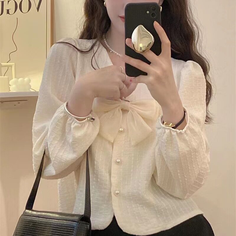 Bow tie shirt, women's long sleeved thin top