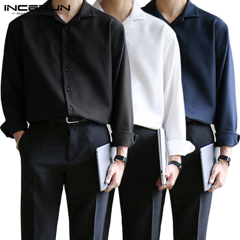 (Korea Style) Beehoo INCERUN Mens Long Sleeve Casual Loose V Neck Dress Tops Button Front Shirt Blouse