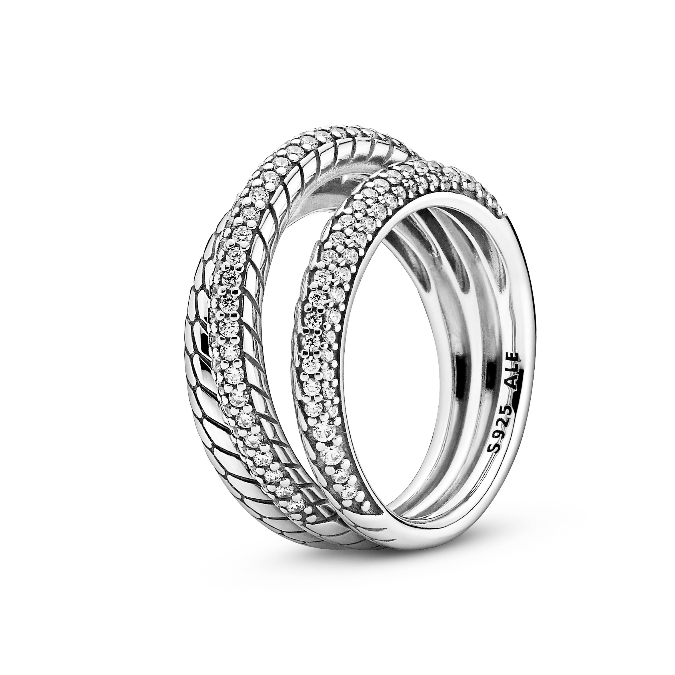 2021 Original Pandoras Triple Band Pavé Snake Chain Pattern Ring