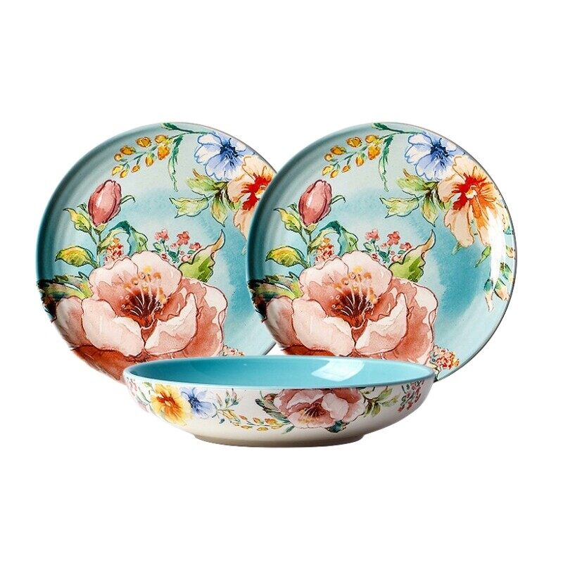 OMK 3PCS set Blue peony flower series Ceramic dinner plate set 8.6 inch plate 2PCS + 9 inch deep plate 1PC