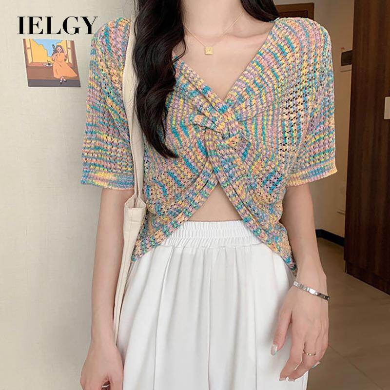 IELGY ice silk short-sleeved sweater summer navel loose loose short trend irregular hollow rainbow knotted chic blouse women