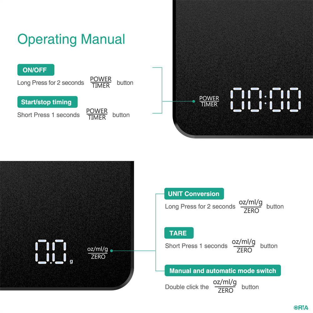 ORIA Digital Coffee Scale, Rechargeable Coffee Scale with Timer, 3kg/0.1g Drip Espresso Scale with Touch Sensor Operation and Invisible Screen, Measures in Grams, Ounces, and Milliliter Black
