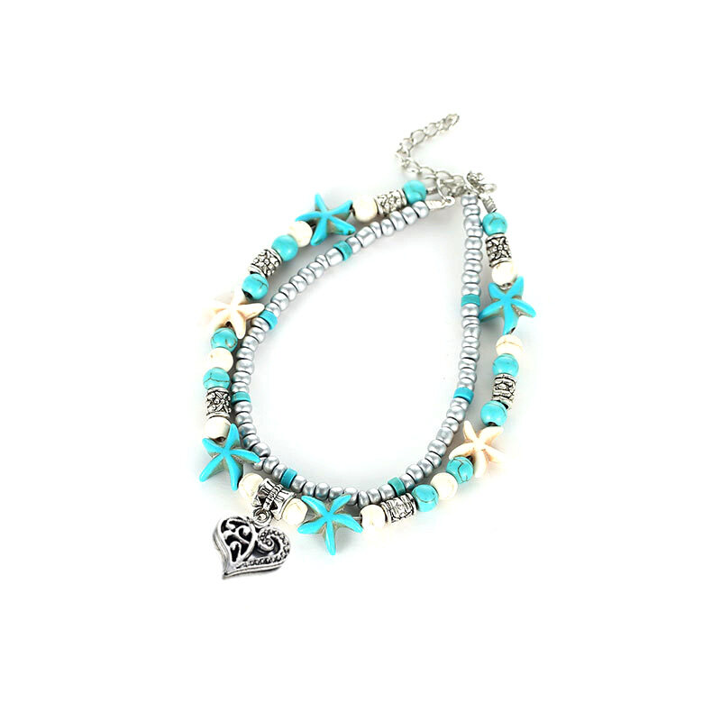 WHC Jewelry Natural Seashell Starfish Couple Bracelet Bohemian Style Conch Beaded Anklet Beach Accessories