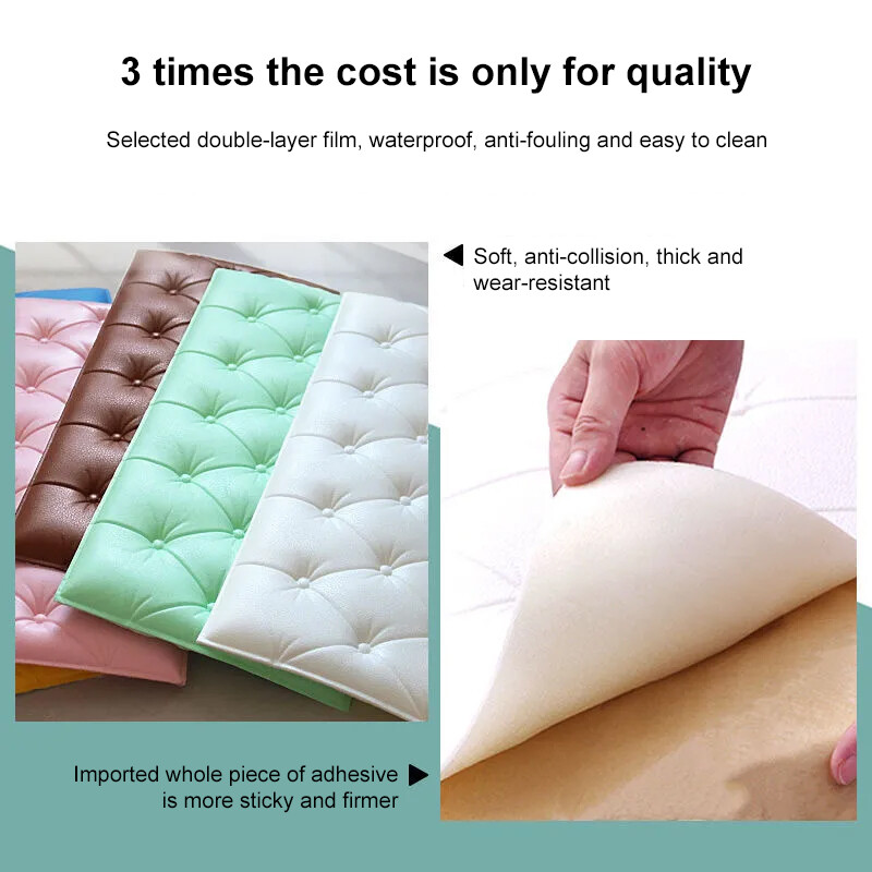 8 Miếng Dán Tường Túi Mềm Cạnh Giường Dày Tự Dính 3D Ba Chiều Chống Va Chạm Tường Bao Quanh Tatami Trang Trí Phòng Khách Phòng Ngủ Mẫu Giáo Chống Va Chạm Chống Nước 35X70Cm Độ Dày: 11Mm