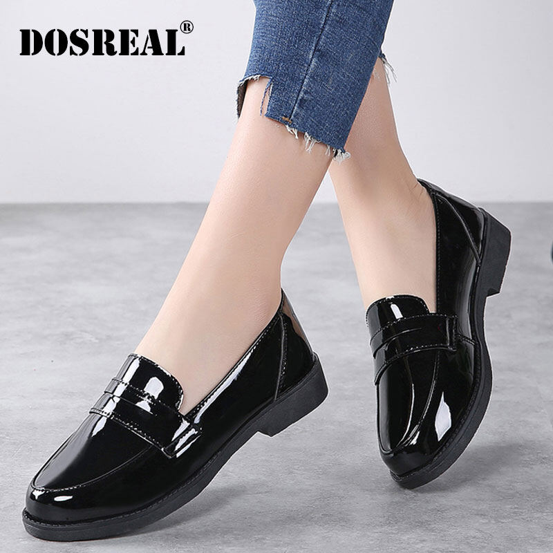 DOSREAL Women Oxford Shoes Patent Leather Casual Shoes Flat Platform Slip On Women Shoes Comfort Fashion Black Shoes For Women