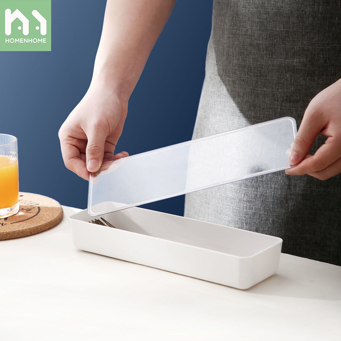 Homenhome Hộp Đũa Hình Chữ Nhật Chất Liệu AS Có Nắp, Giá Để Muỗng, Hộp Đựng Đồ Ăn Phẳng Chống Bụi Nhà Bếp