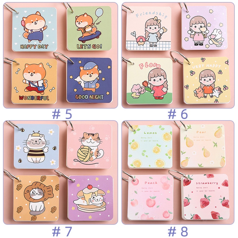 80 Sheets Creative Blank Words Card with Ring Student Cute Cartoon Pocket Card Book