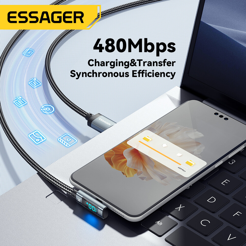 Essager PD 100W 7A USB Type C Cable Elbow Display Fast Charging USB C Bend Data Cable For HUAWEI Oneplus Samsung Honor OPPO VIVO Xiaomi Charger Cord
