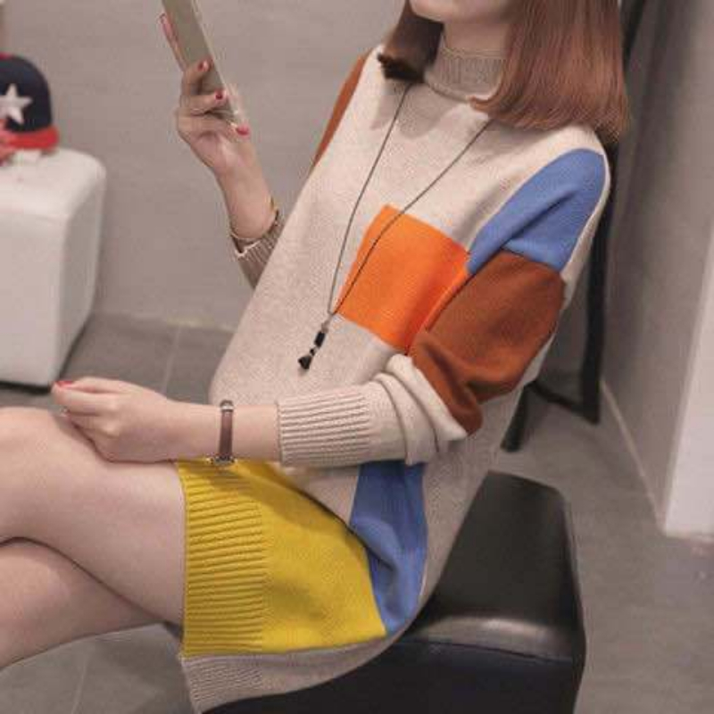 2020 New Pullover Sweater Women's Autumn and Winter Korean Style Color-blocking Long Knitted Sweater