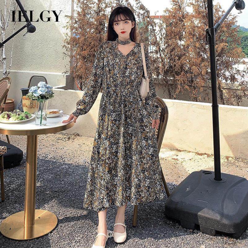 IELGY Women's dress simple v-neck fashionable high waist slim dress casual floral versatile