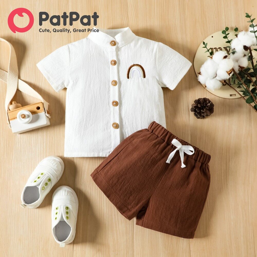 PatPat Baby Boy Set 100% Cotton 2pcs Rainbow Embroidered Short-sleeve Shirt and Shorts Set Baby Boy Ootd Outfit Set Christening Outfit Baby Boy