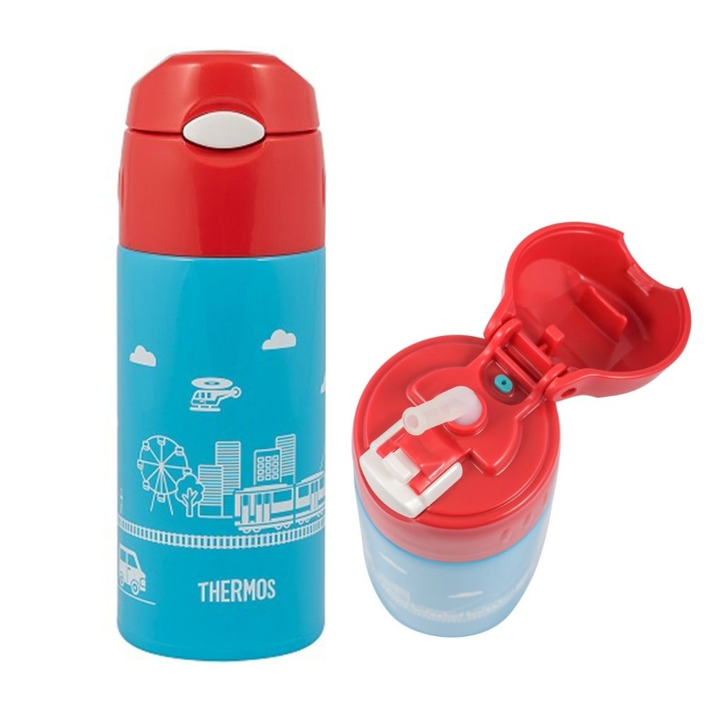 Thermos One-Touch Straw Bottle - 400ml, Vacuum Insulated, Keeps Drinks Cold For Hours, Blue