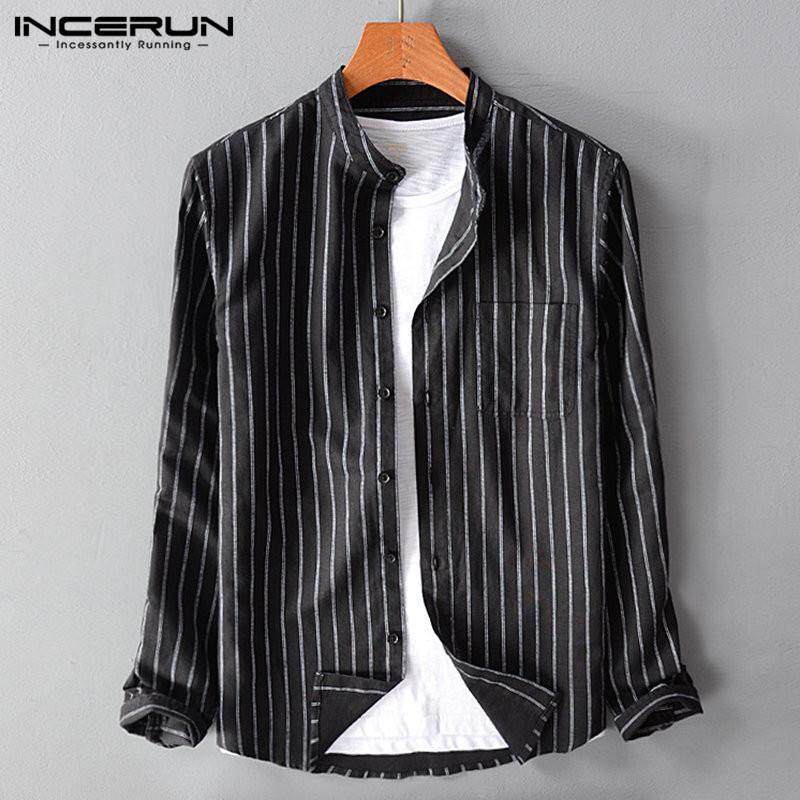 Mens Vintage Collarless Striped Long Sleeve Shirt Slim Fit Casual Formal Top Tee