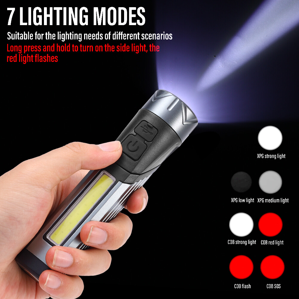 7 Lighting Modes LED Strong Light Flashlight Multi-functional 90-degree Folding Handheld Work Lamp Portable USB Charging COB Camping Hiking Latern