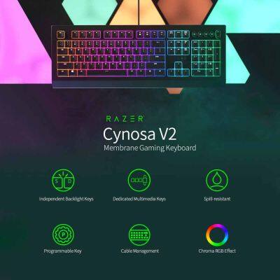 Razer Cynosa V2คีย์บอร์ดแบบมีสาย,คีย์บอร์ดเกมเมมเบรนคีย์บอร์ดเกมRGBพร้อมปุ่มมัลติมีเดียRazer Chroma RGB