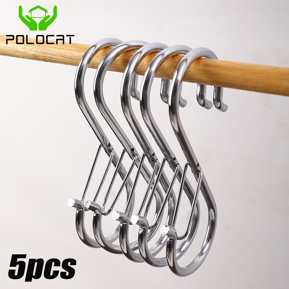 Polocat 5 cái Móc khóa móc treo quần áo phòng tắm nhà bếp đa năng chống gió móc hình chữ S bằng kim loại móc đồ đựng gia dụng
