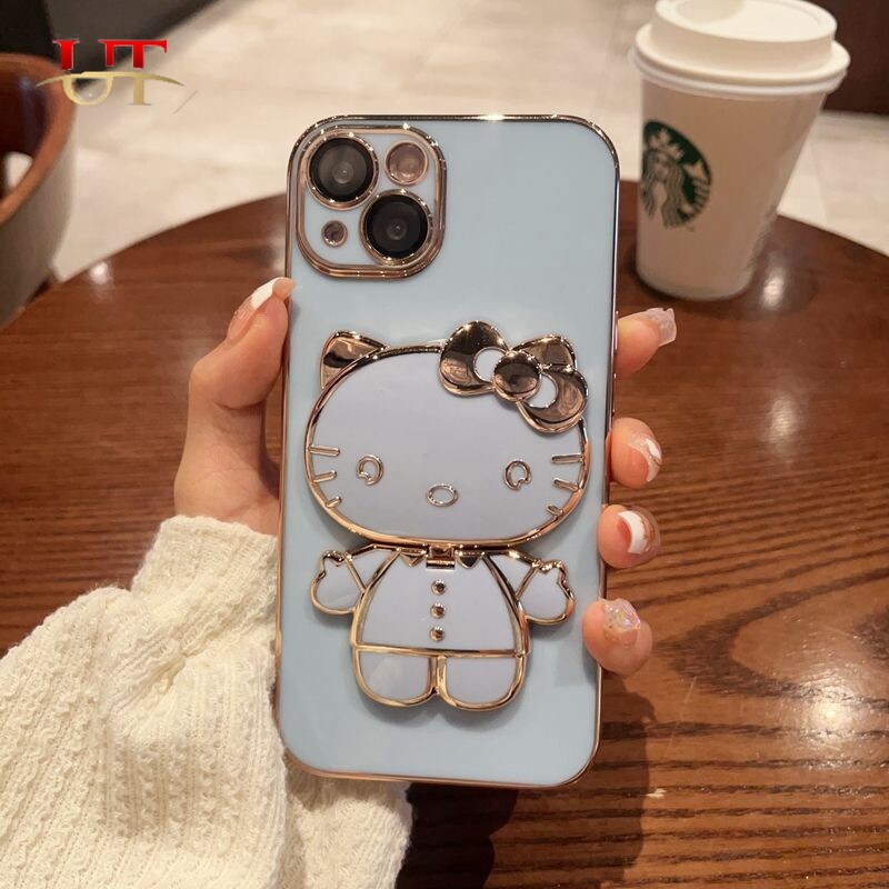 Luxury smooth silicone case For iphone 15 pro max 15 plus iphone 14 pro max iphone 13 pro max iphone 12 pro max iphone 11 pro max iphone 12 mini iphone 11 mini electroplated Kitty cat touch-up mirror stand