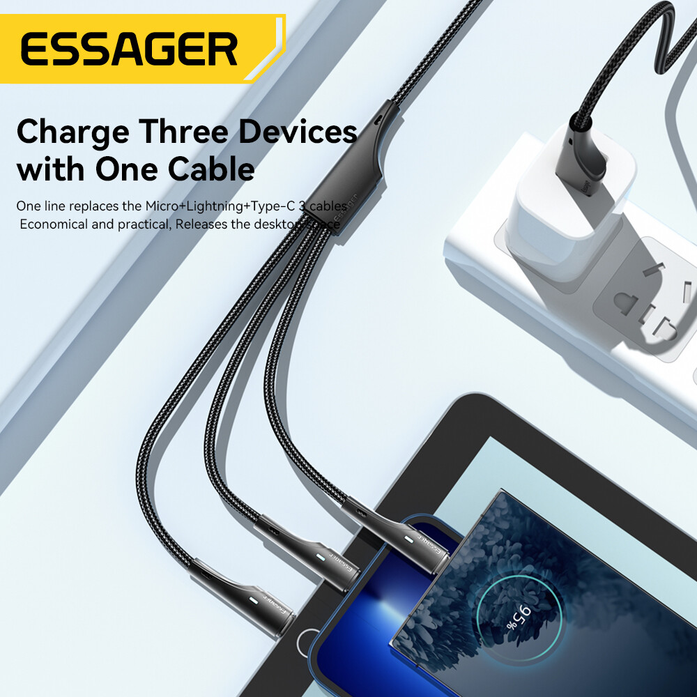 Essager 3A 3 In 1 Braided Nylon Cable Fast Charging Cable Micro USB Type C Lightning Cable Multi port USB Charging Cables
