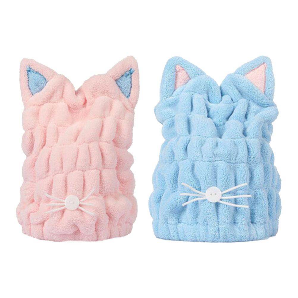 2pcs Hair Drying Cap Coral Fleece Cat Ear Cute Thickened Soft Shower Caps Fast Drying Cap Bath Cap For Kids Adult Women
