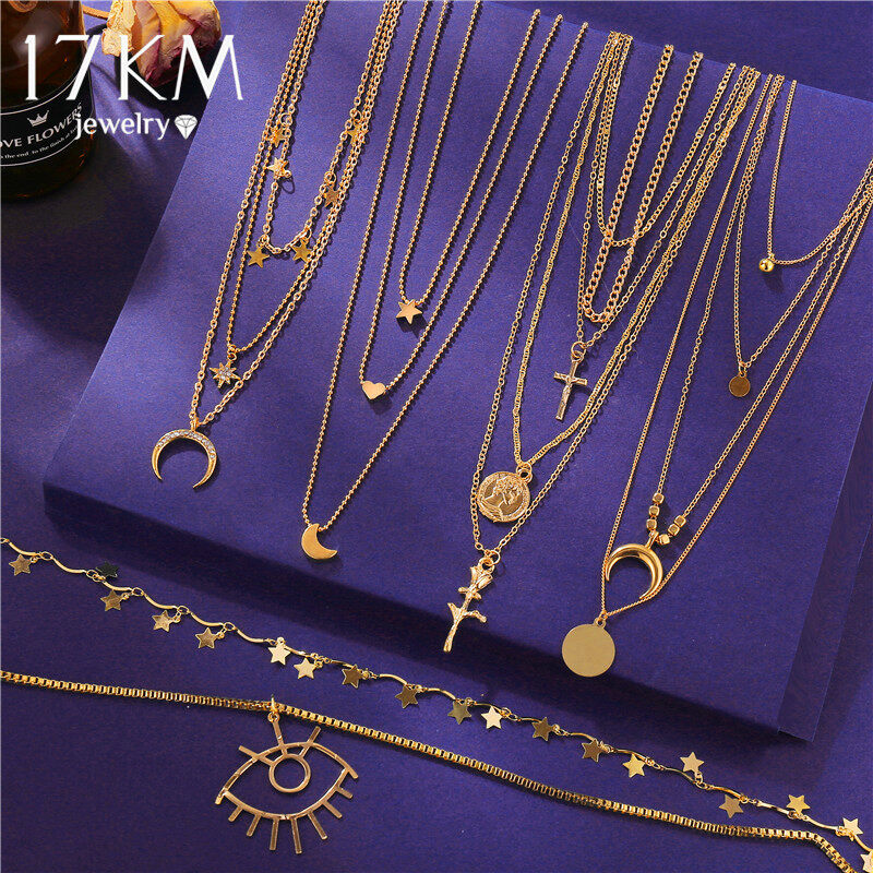 Thời Trang Nhiều Lớp Vàng Dây Chuyền Cho Phụ Nữ Cổ Điển Mắt Pha Lê Trăng Sao Vòng Cổ Choker Thời Trang Quà Tặng Chéo